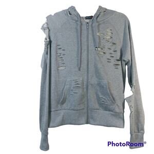 Roma Concept Gray Distressed Hooded Zipup Sweatshirt Size M